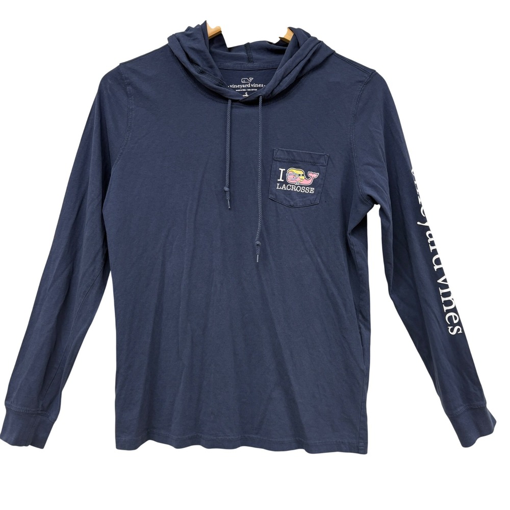 Vineyard Vines Navy Blue I Heart love Lacrosse Hooded Long Sleeve T-Shirt Small